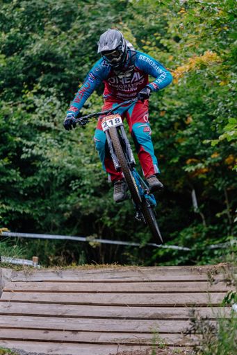 A trail biker during the Rosstrappen Thale Harz Downhill Cup in Thale, Germany
