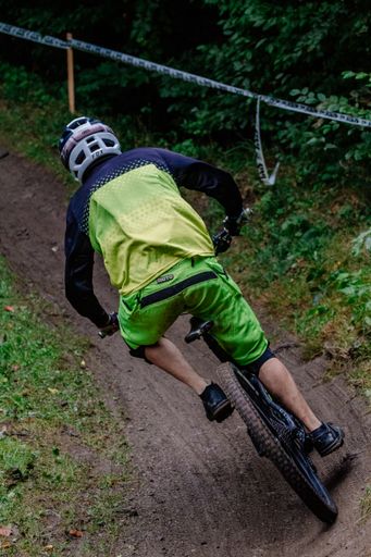 A trail biker during the Rosstrappen Thale Harz Downhill Cup in Thale, Germany