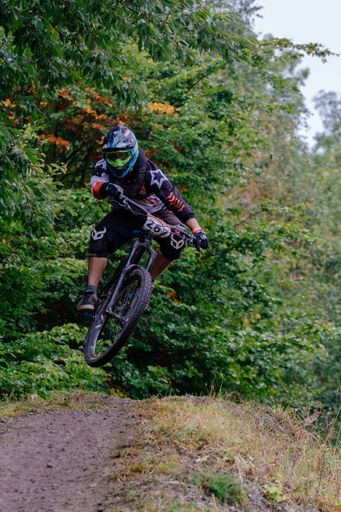 A trail biker during the Rosstrappen Thale Harz Downhill Cup in Thale, Germany