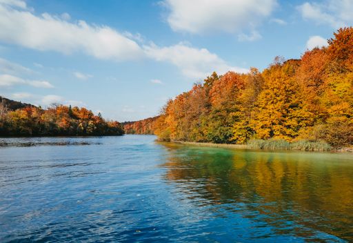 Beautiful orange trees reflected on the lake at famous Plitvice Lakes National Park in Croatia in autumn