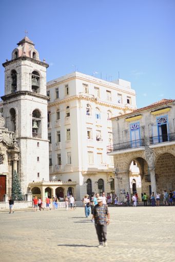 A vertical shot of a Cathedral Square on the cobbled street, Old Havana, Cuba