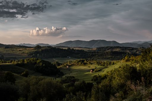 Scenic landscape of rolling green hills and distant mountains under a cloudy sky at dusk.