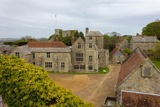 The Carisbrooke Castle under a cloudy sky on a gloomy day in Newport, the UK