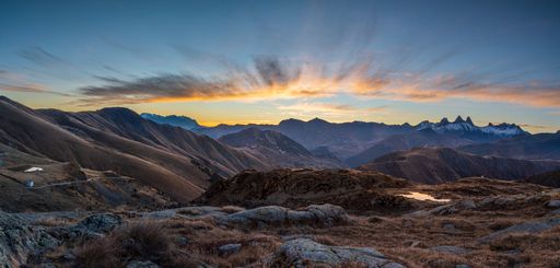 The Valley of Saint-Sorlin and Aiguilles d'Arves at sunrise as seen from Col de la Croix de Fer in Savoie, France
