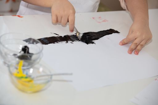 A high angle shot of a child painting with his hands and different colors of paint on a white page