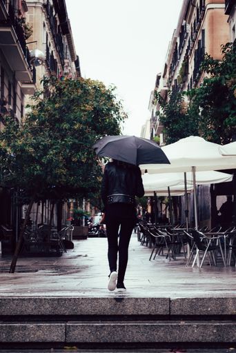 A vertical shot of a woman with an umbrella walking on a street in Madrid, Spain