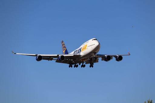 A front view of Atlas Air Boeing 747-400 arriving at San Jose airport, chartering Jaguars from Jacksonville