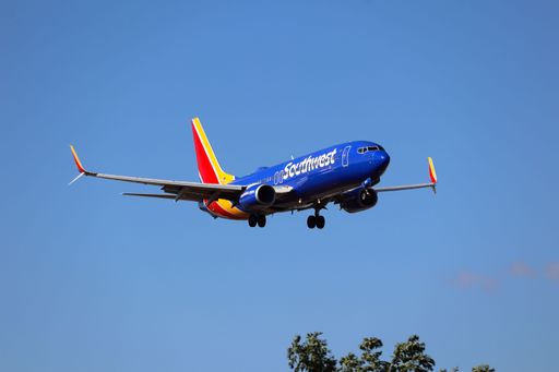 A front view of the Southwest Airlines Boeing 737-800 landing at San Jose airport from Phoenix