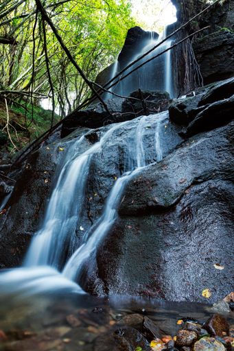 A beautiful view of a small waterfall with long exposure in fall