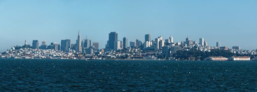 A panorama view of the sea, skyscrapers, and skyline in San Francisco, Sausalito, USA