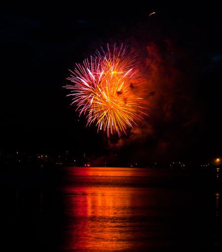 A vertical shot of big colorful fireworks in the night sky