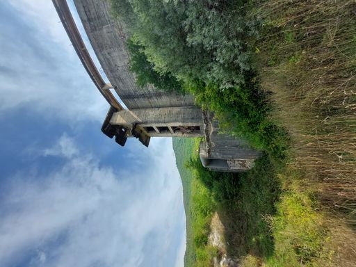 A vertical shot of a dam surrounded by greenery under a blue cloudy sky in the daylight