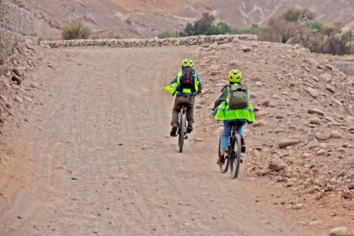 A pair of bikers cycling through the Atacama Deser