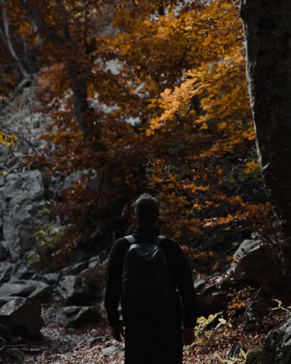A vertical back view of a hiker walking along a route in an autumn forest