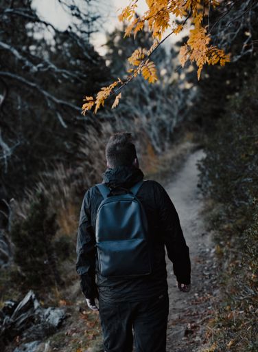 A vertical back view of a hiker walking along a route in an autumn forest