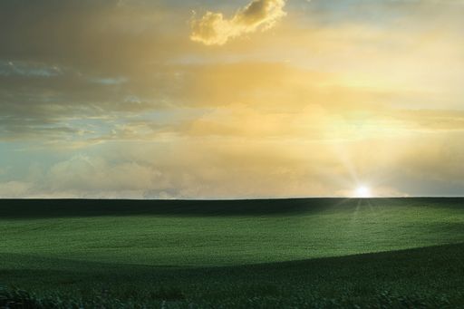 A breathtaking sunset scenery in the yellow sky over the green valley