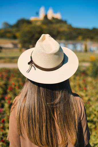A rear view of a woman walking on a beautiful field of orange flowers in the countryside
