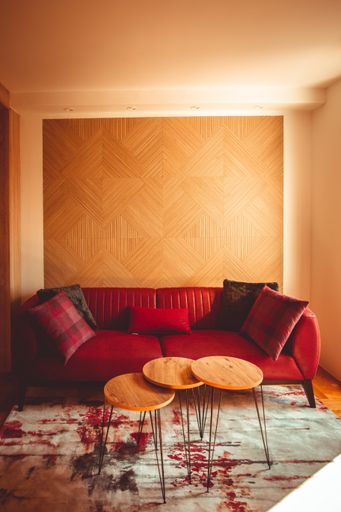A vertical shot of a small comfortable living room with a red couch and a creative table