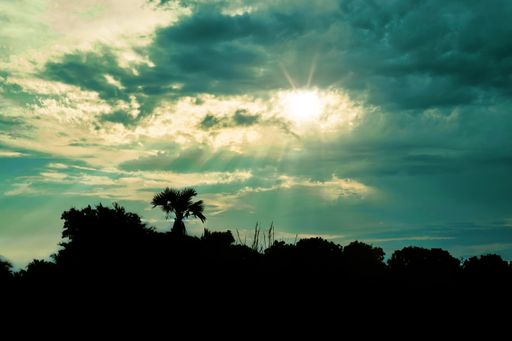 The strong sunrise with silver lining and cloud on the blue sky