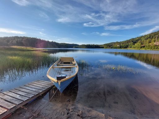 A wooden fishing boat on the lake surrounded by greenery under the sunlight and a blue sky