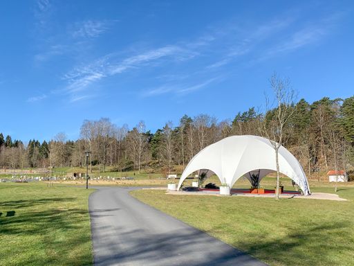 Partille, Sweden, April 20, 2020. A new white chapel, a cemetery, like a dome, has been built outdoors for funerals to take place without the risk of