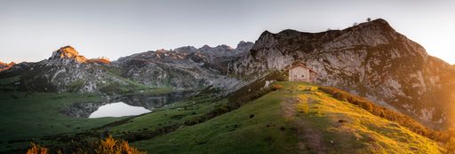 A panoramic shot of Ercina lake in Lagos in Covadonga peaks in Europe National Park, Asturias, Spain