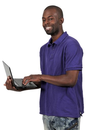An African American man business student holding a laptop computer isolated with a white background