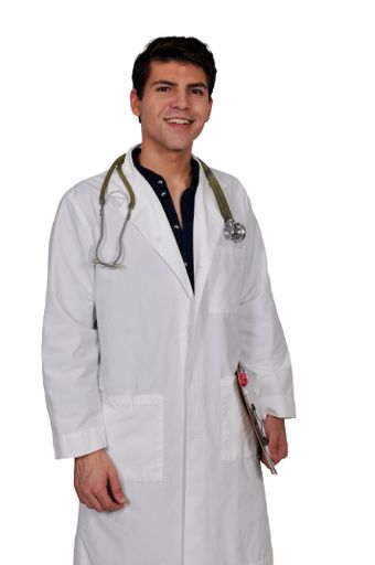 A vertical shot of a handsome man with a doctor costume and equipment