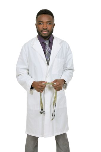 A vertical shot of an African American man with a white doctor robe