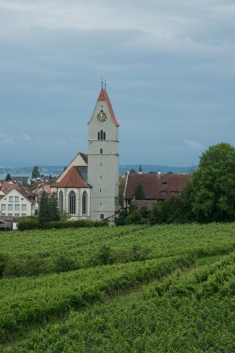 A vertical shot of the Catholic Parish St. John the Baptist under a cloudy sky in Hagnau, Germany