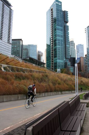 A person riding a bicycle in the street. Vancouver, British Columbia, Canada