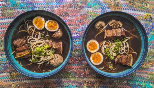 Ramen plate colored tablecloth blue plate  Typical dish  Homemade.