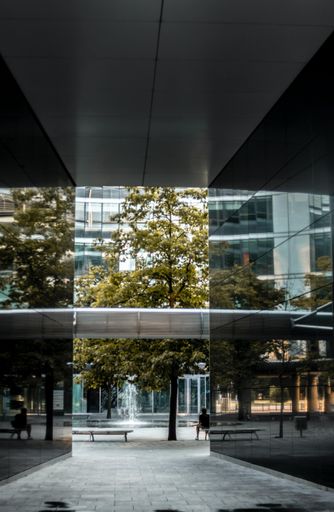 A vertical shot of a modern building with a reflection on it and green tree