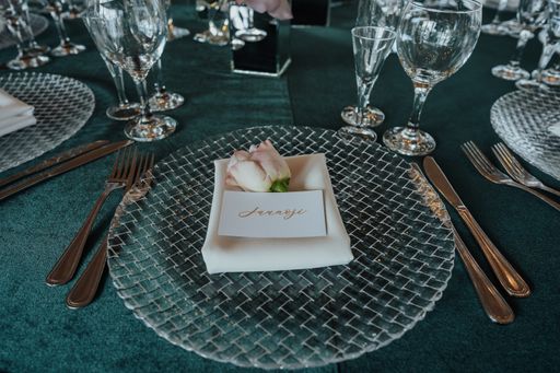 A high angle shot of a wedding table setting