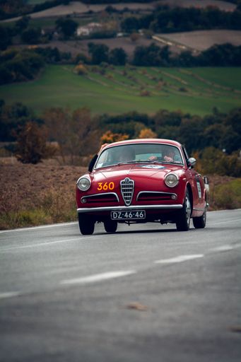 A vintage Alfa Romeo Giulietta sprint 1956 racing in Mille Miglia rally