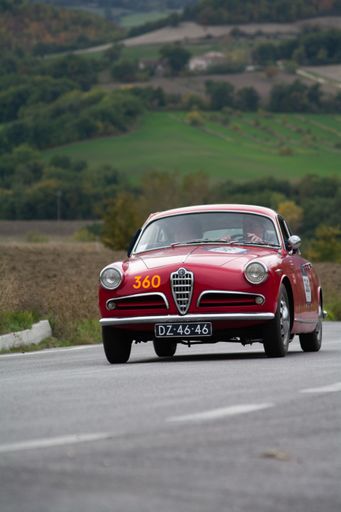 A vintage Alfa Romeo Giulietta sprint 1956 racing in Mille Miglia rally
