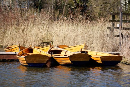 Abandoned wooden rowboats on a lake