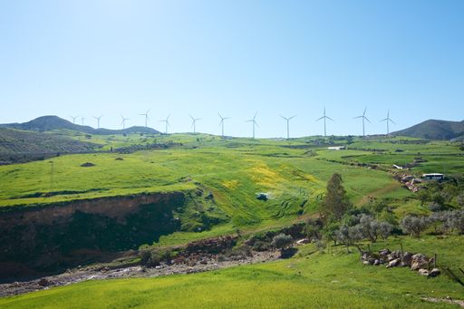 A scenic view of a field with a lot of windmills on a sunny day, Ardales, Malaga, Spain