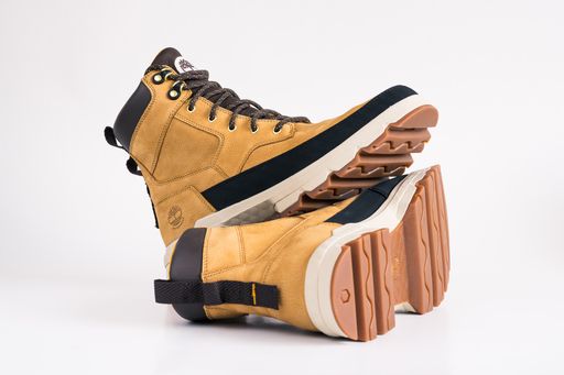 A closeup of timberland men's hiking boots isolated on white background