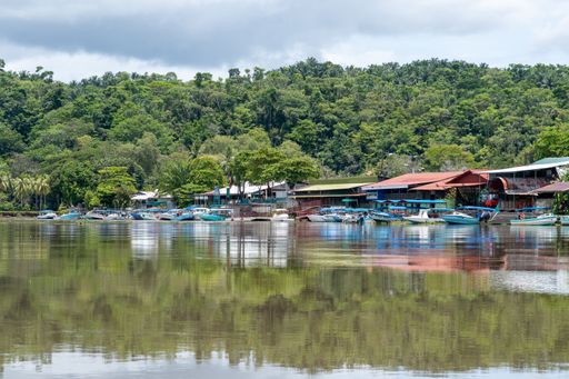 A scenic view of a riverside village with boats and lush green forest in the background, reflecting on calm water under a cloudy sky.