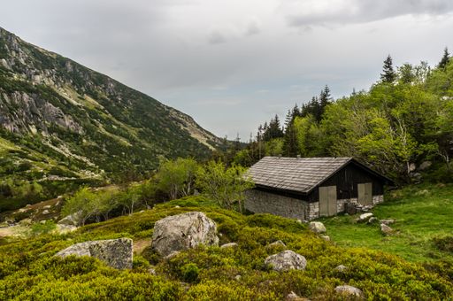 A wooden hut on the green grass next to a forest in the Karkonosze mountains.