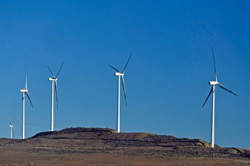 The blue sky over the field with rows of wind turbines on a sunny day in Chile