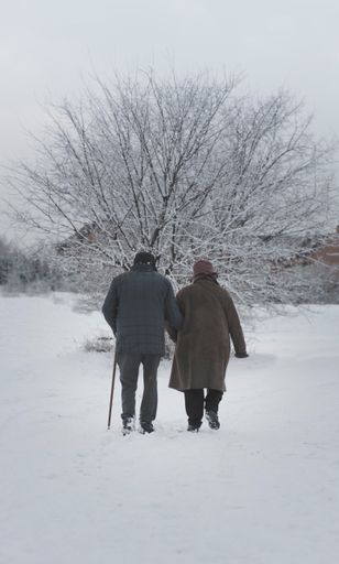 A vertical shot of an elderly couple walking in the snow