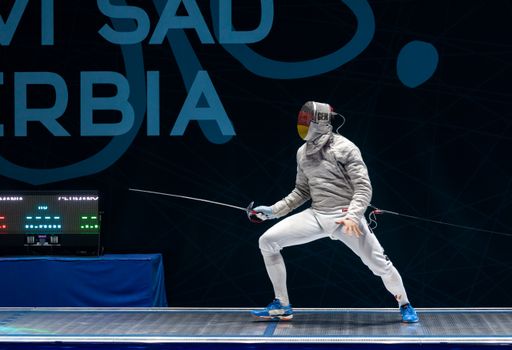 A swordsman fighting in a fencing championship in Novi Sad, Serbia.