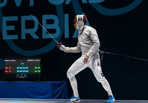 A swordsman fighting in a fencing championship in Novi Sad, Serbia.