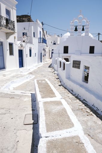 A vertical shot of the streets of Chora in Amorgos island, Greece
