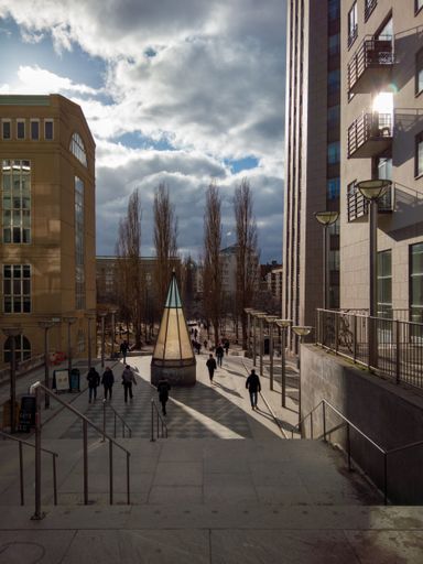 A beautiful vertical shot of a walking street between two buildings in Sweden