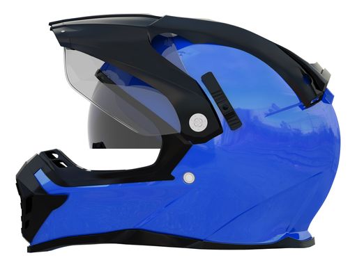 A 3D rendering of a blue helmet for a motorbiker