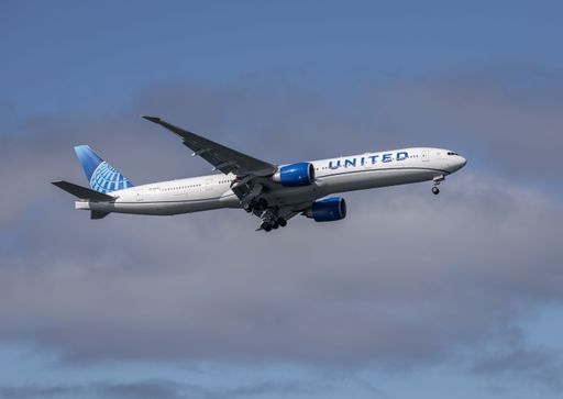 United Airlines 777 flying over San Francisco during Fleet Week