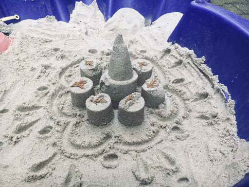 A high angle shot of children's sand figure made with bucket mold in a play garden